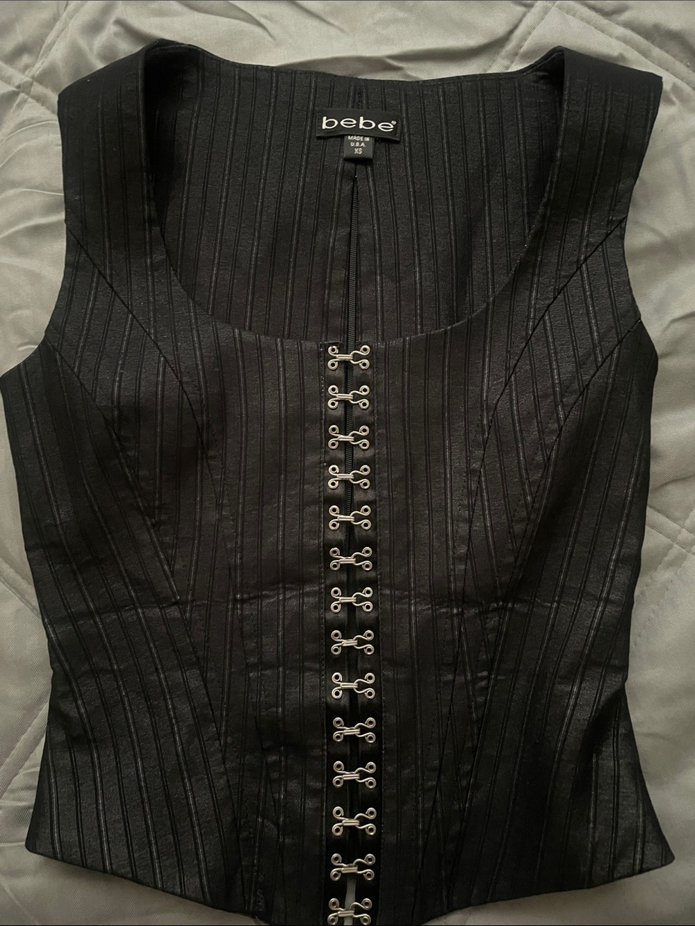 bebe Black Pinstripe Hook-and-Eye Corset Top